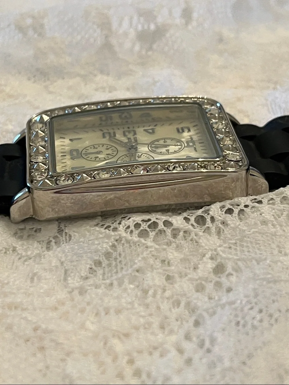 Collezio Women's Silver Crystal-Trim Watch with Black Strap